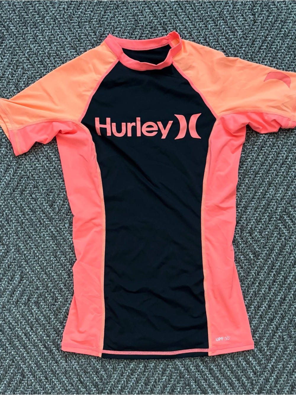 Hurley Black and Neon Coral Short Sleeve Rash Guard